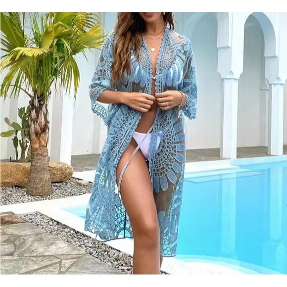 Rebellion Again Boho Kimono Duster Cover Up Floral Lace Light Blue Size S NWT!! - Picture 1 of 6